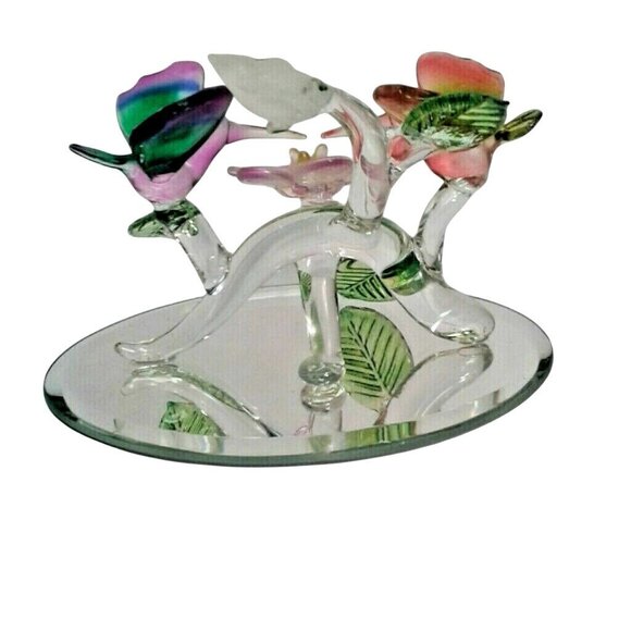 Hand Blown Glass Hummingbirds Flower Mirror Base Pink Purple Birds Figurine - Picture 7 of 10